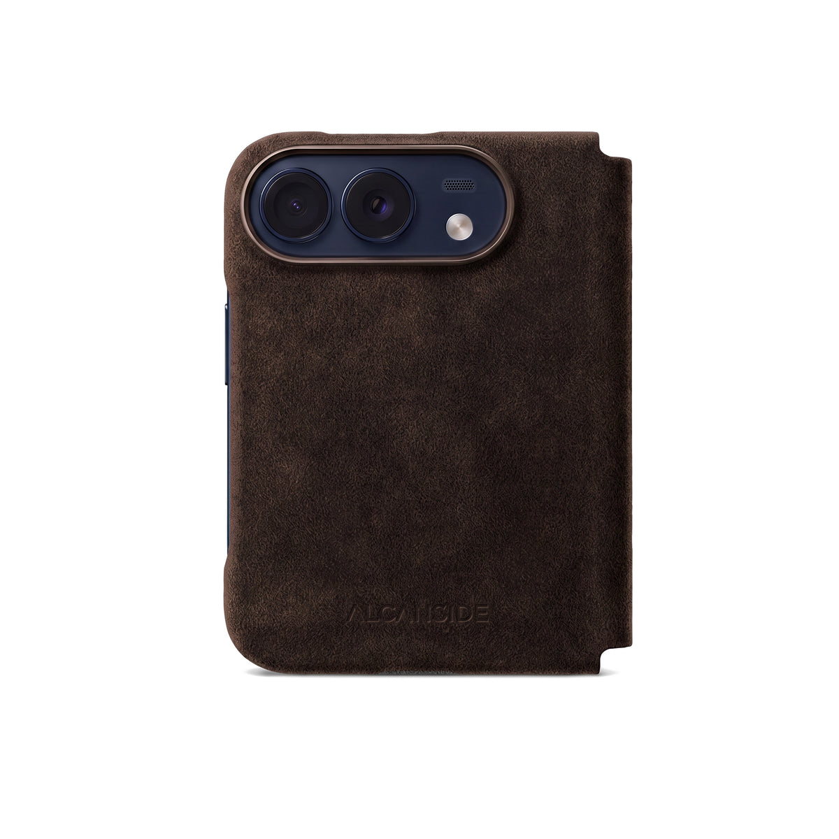 Chocolate Brown Alcantara folio case for iPhone Duo, back view with the camera