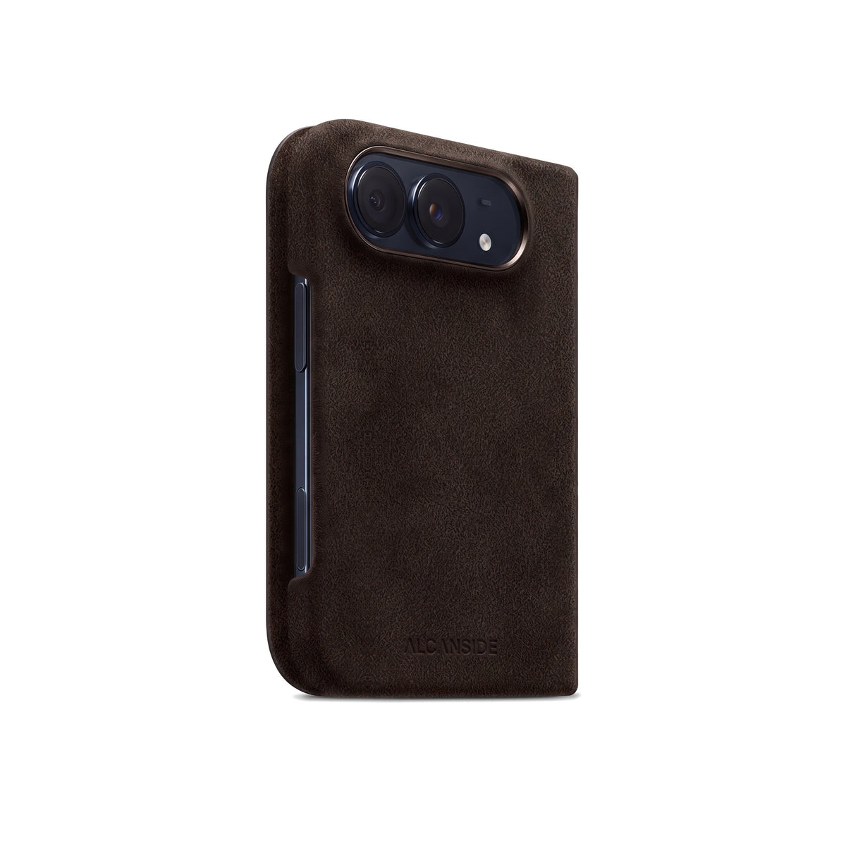 Chocolate Brown Alcantara folio case for iPhone Duo, side view with the button cutout