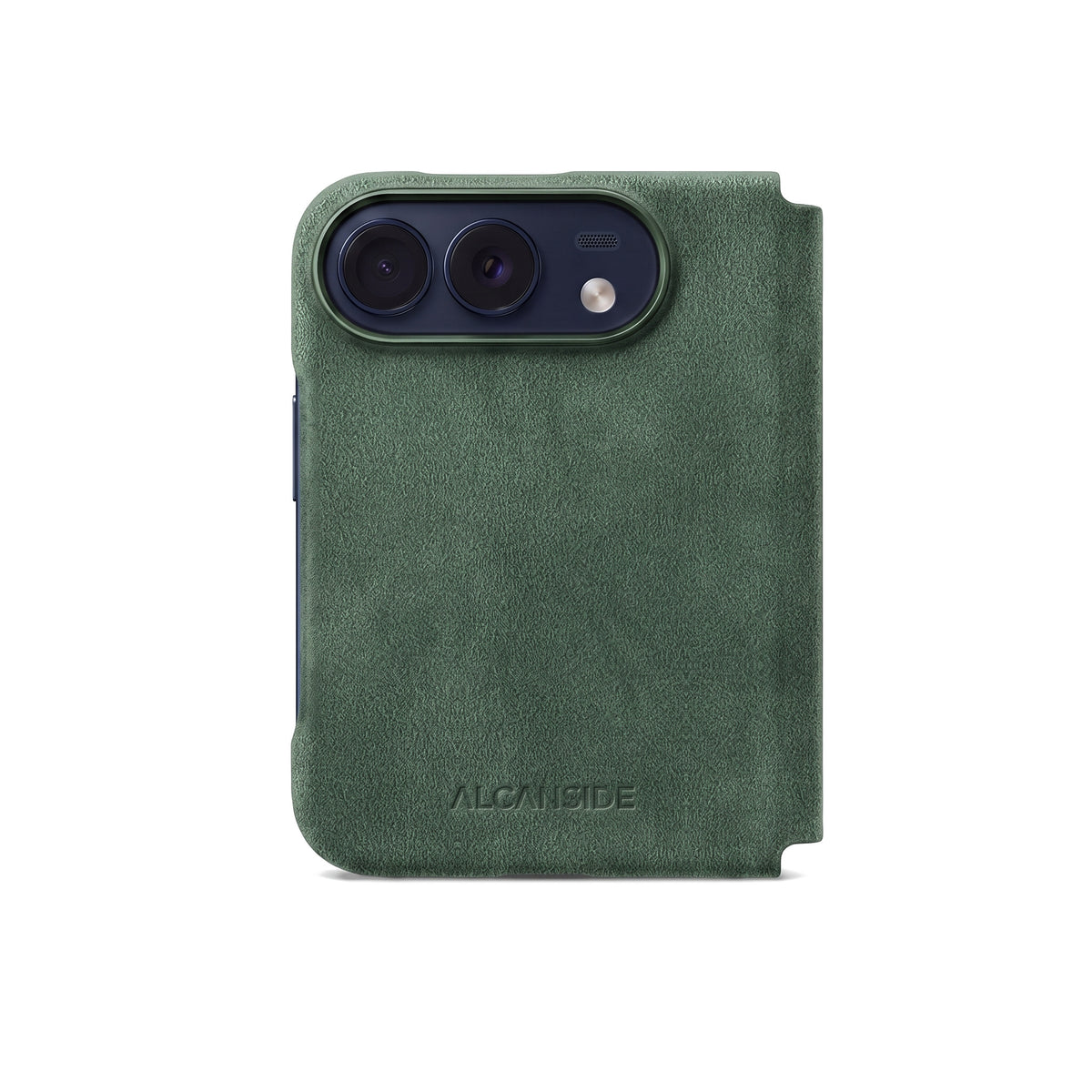 Midnight Green Alcantara folio case for iPhone Duo, back view with the camera