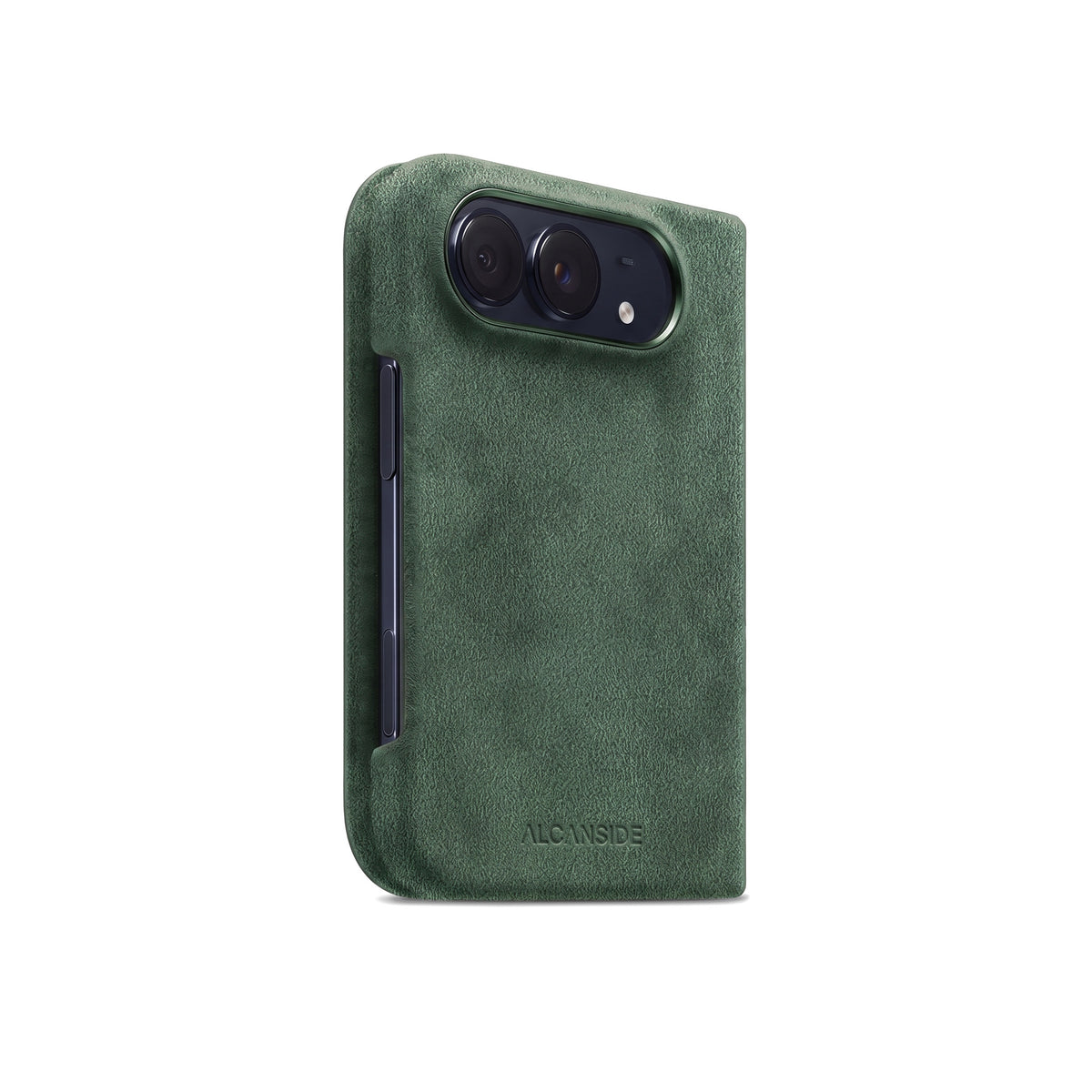 Midnight Green Alcantara folio case for iPhone Duo, side view with the button cutout