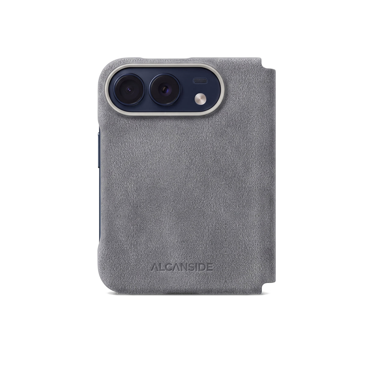 Nardo Gray Alcantara folio case for iPhone Duo, back view with the camera