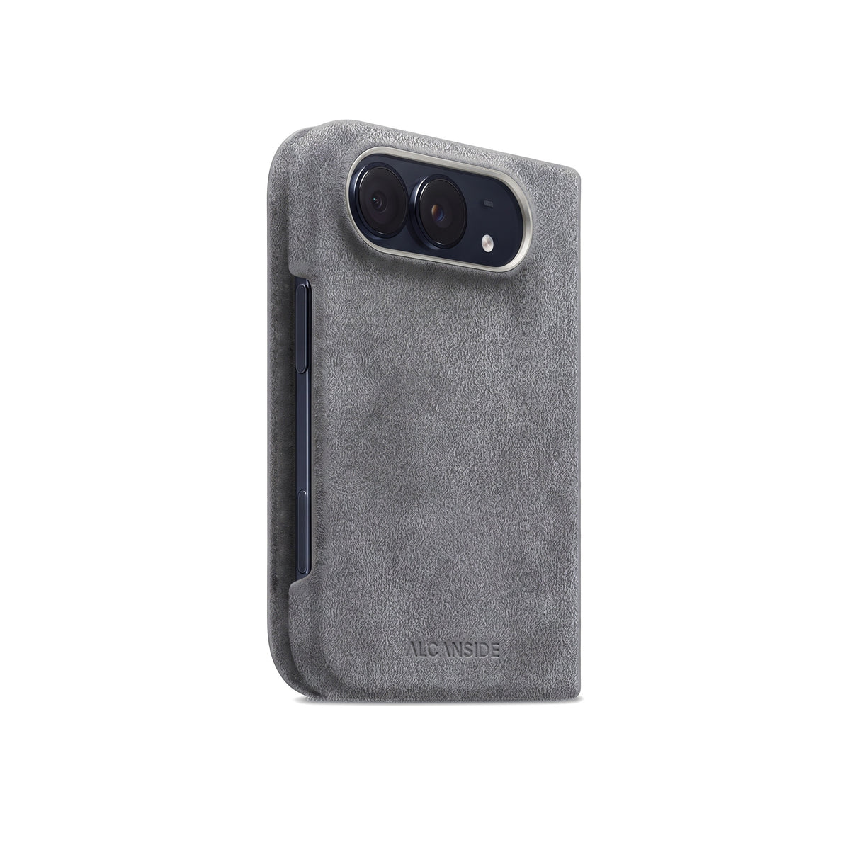 Nardo Gray Alcantara folio case for iPhone Duo, side view with the button cutout