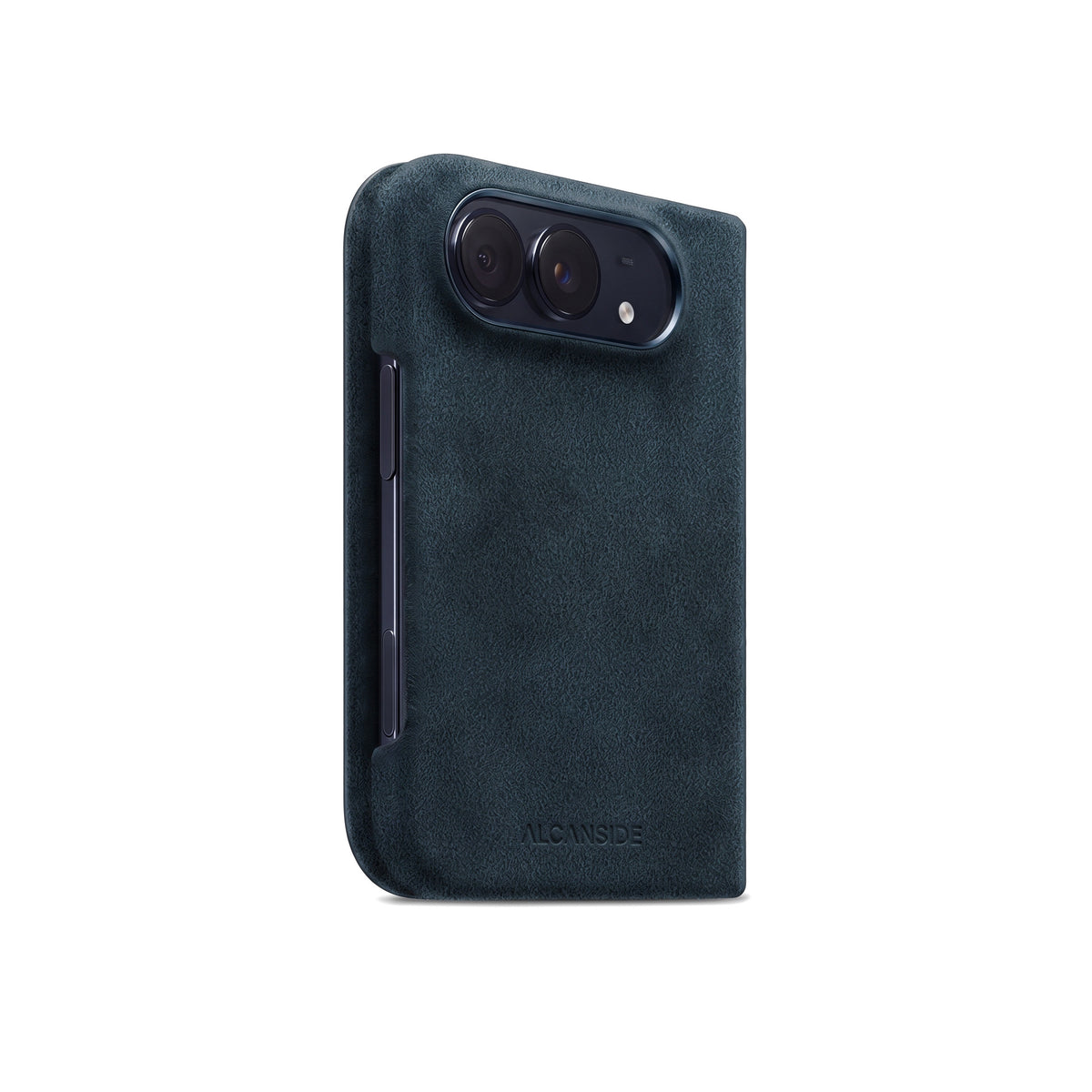 Navy Blue Alcantara folio case for iPhone Duo, side view with the button cutout