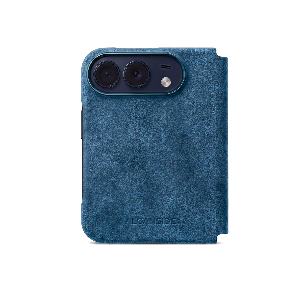 Ocean Blue Alcantara folio case for iPhone Duo, back view with the camera