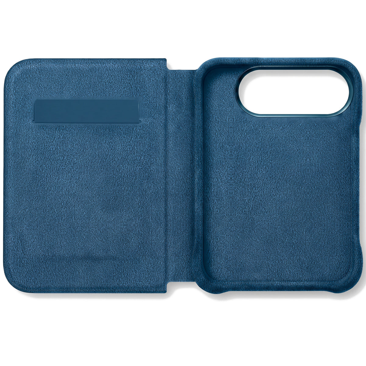 Ocean Blue Alcantara folio case for iPhone Duo, opened with the card slot