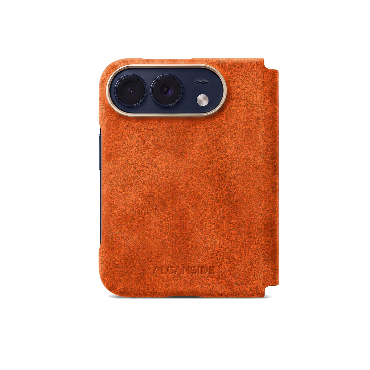 Orange Alcantara folio case for iPhone Duo, back view with the camera