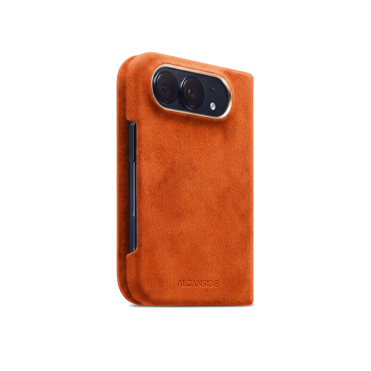 Orange Alcantara folio case for iPhone Duo, side view with the button cutout