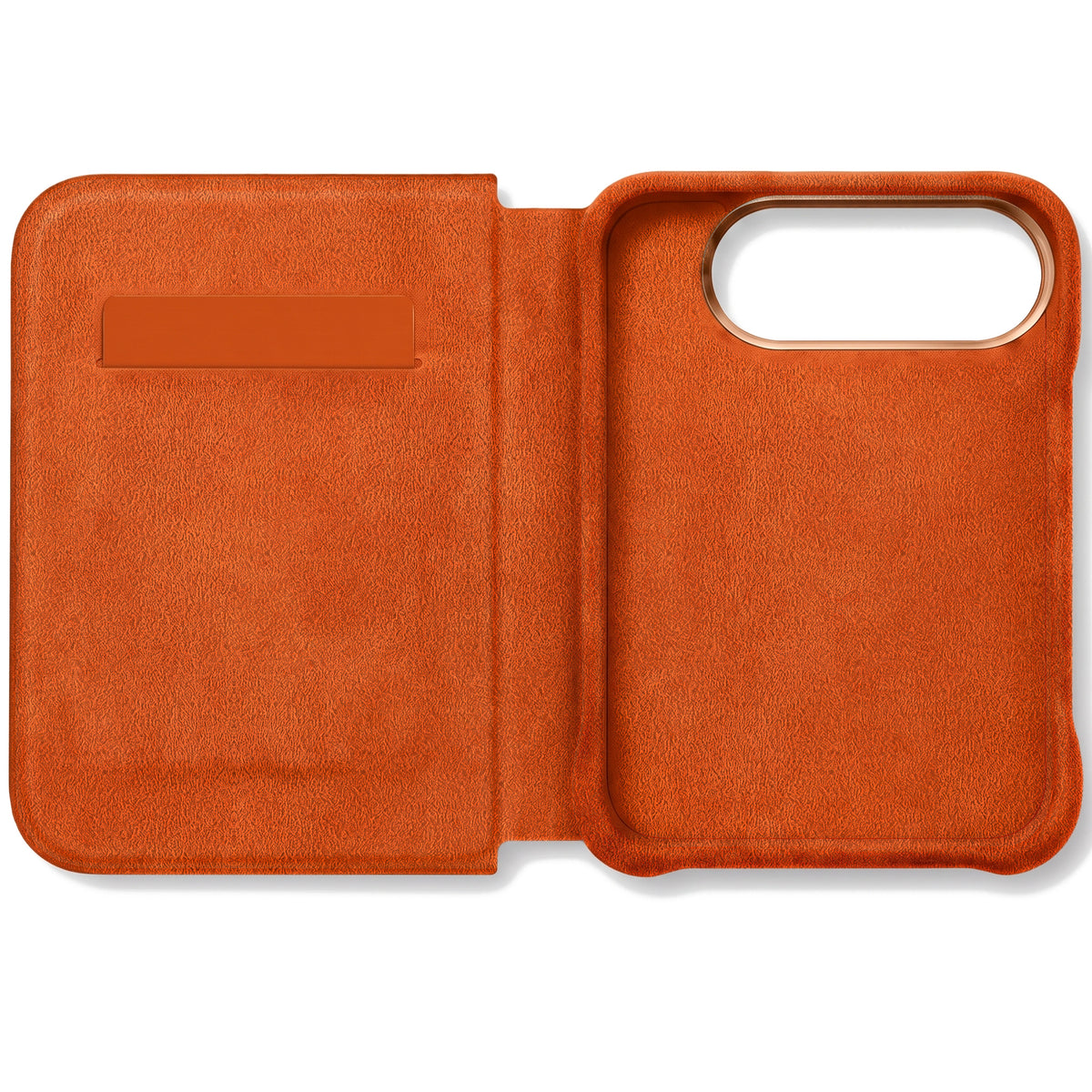 Orange Alcantara folio case for iPhone Duo, opened with the card slot
