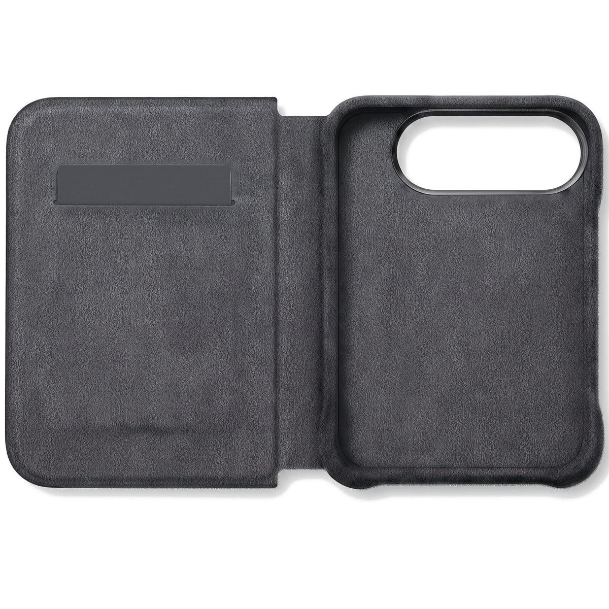 Space Grey Alcantara folio case for iPhone Duo, opened with the card slot