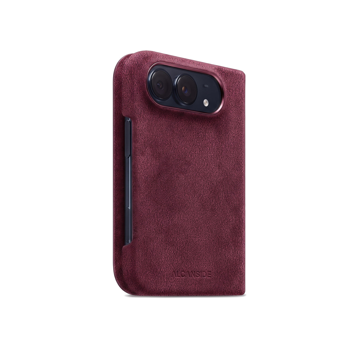 Wine Red Alcantara folio case for iPhone Duo, side view with the button cutout