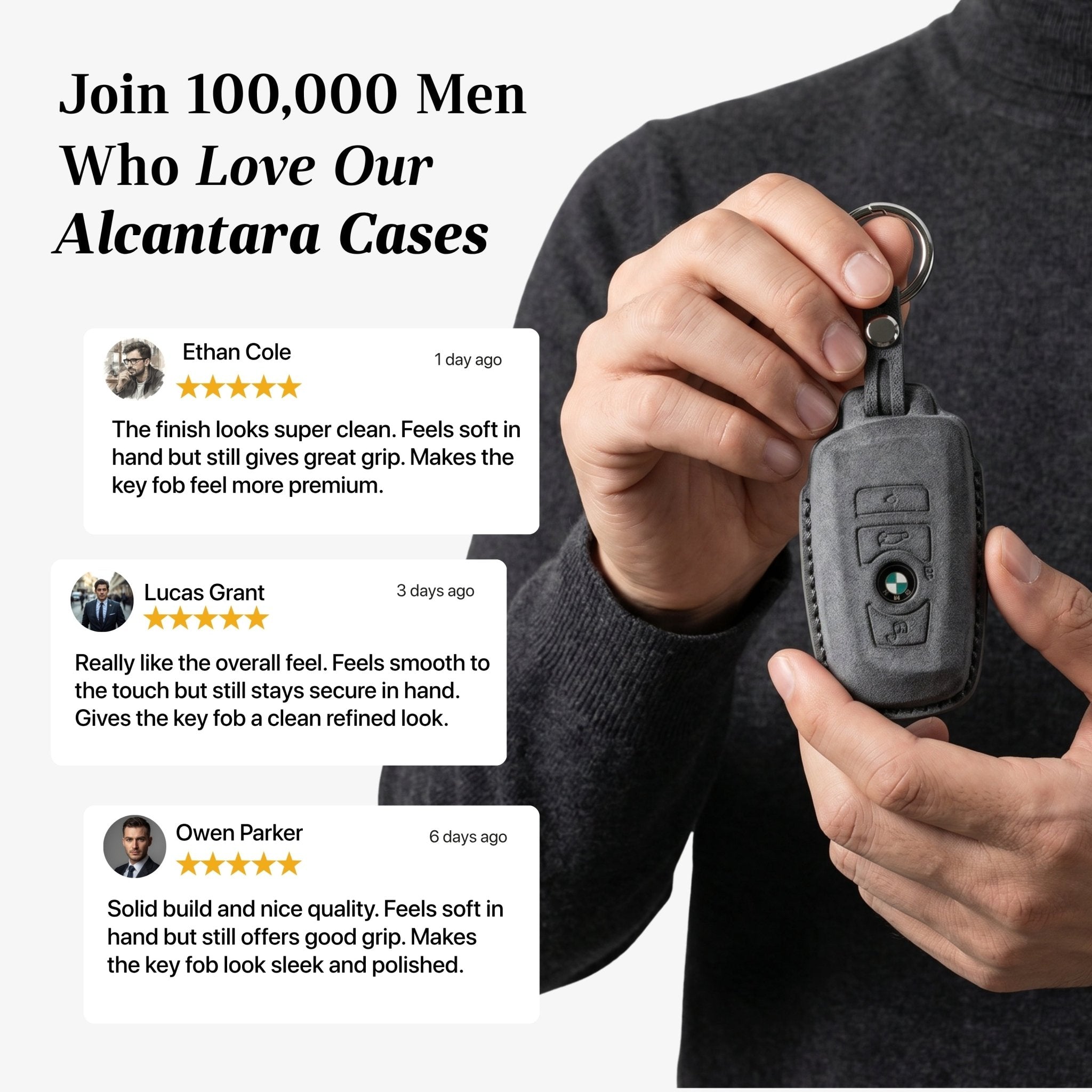 Alcantara Car Key Fob Cover for BMW Model A with Buckle - Space Grey - Alcanside