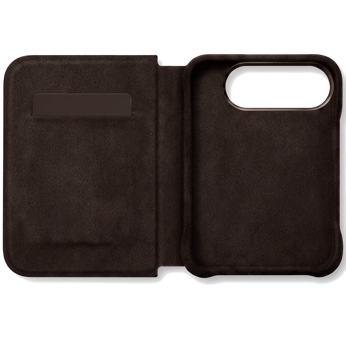 Chocolate Brown Alcantara folio case for iPhone Duo, opened with the card slot