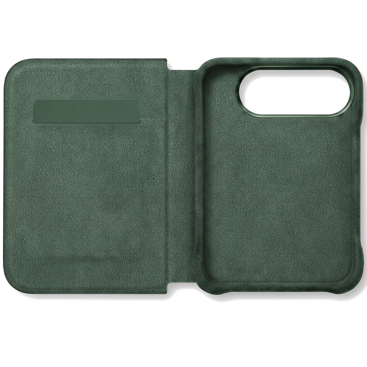 Midnight Green Alcantara folio case for iPhone Duo, opened with the card slot