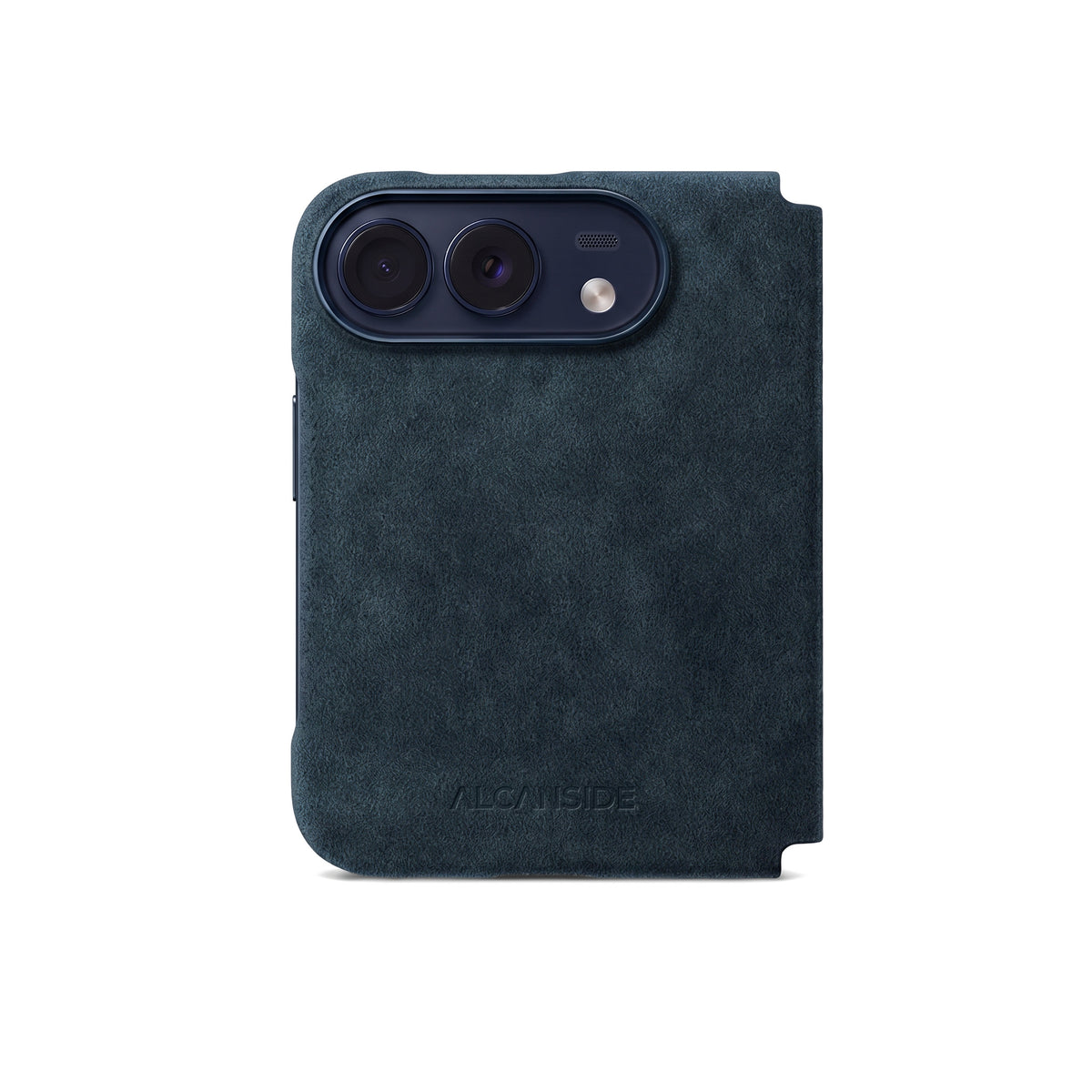 Navy Blue Alcantara folio case for iPhone Duo, back view with the camera