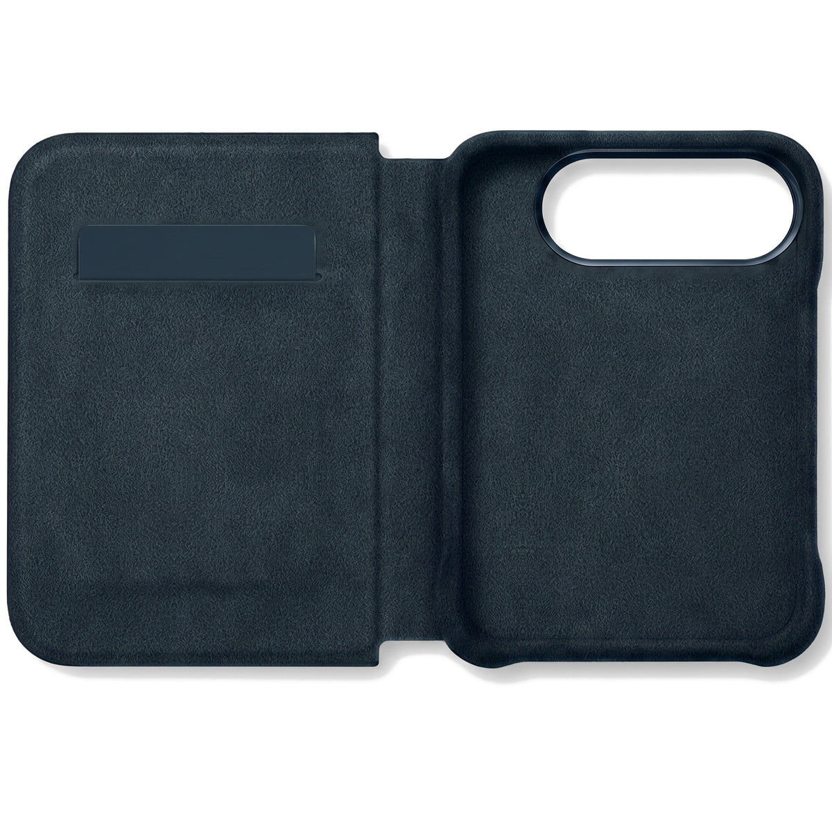 Navy Blue Alcantara folio case for iPhone Duo, opened with the card slot