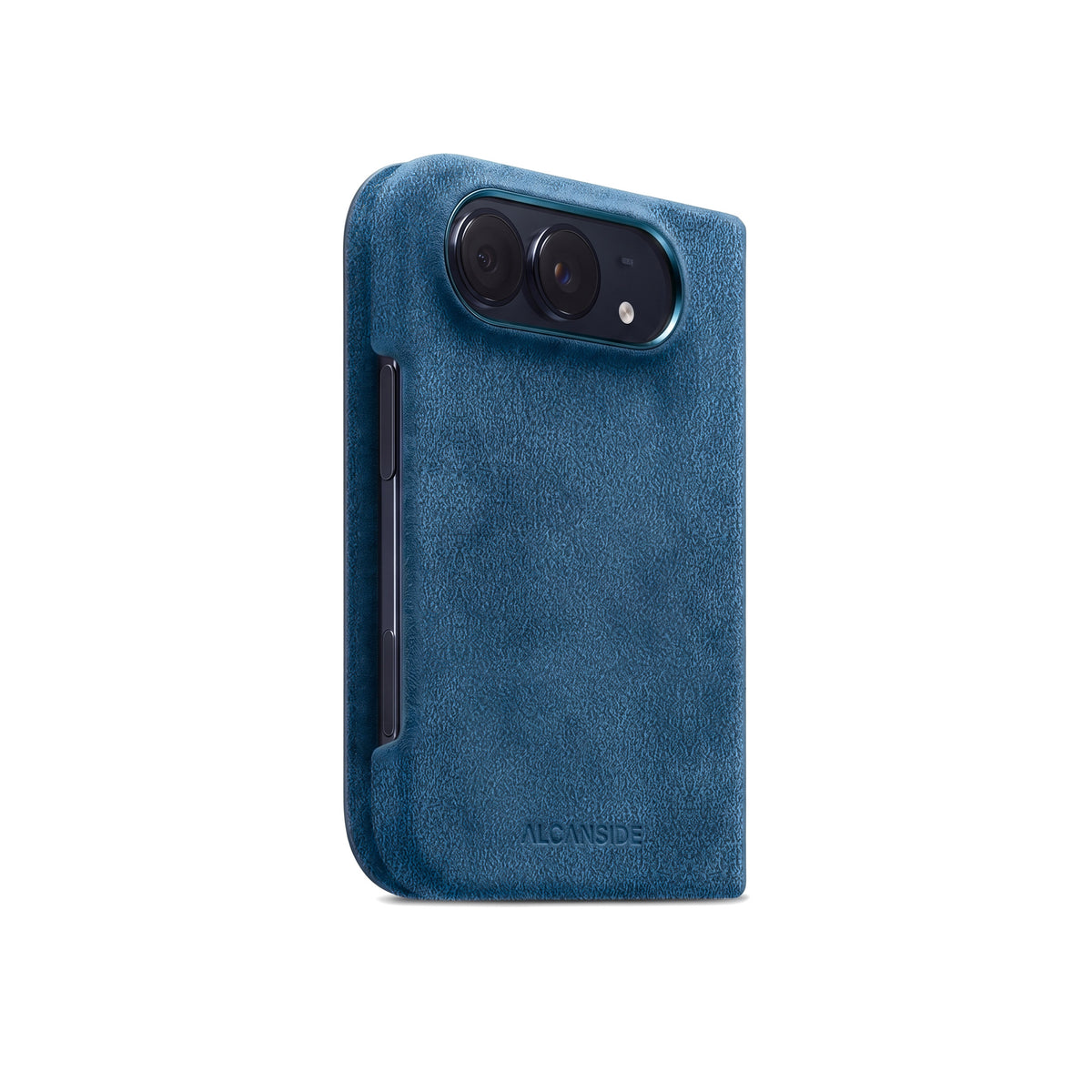Ocean Blue Alcantara folio case for iPhone Duo, side view with the button cutout