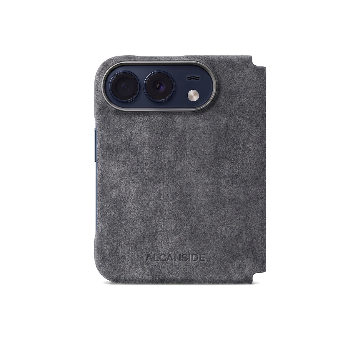 Space Grey Alcantara folio case for iPhone Duo, back view with the camera