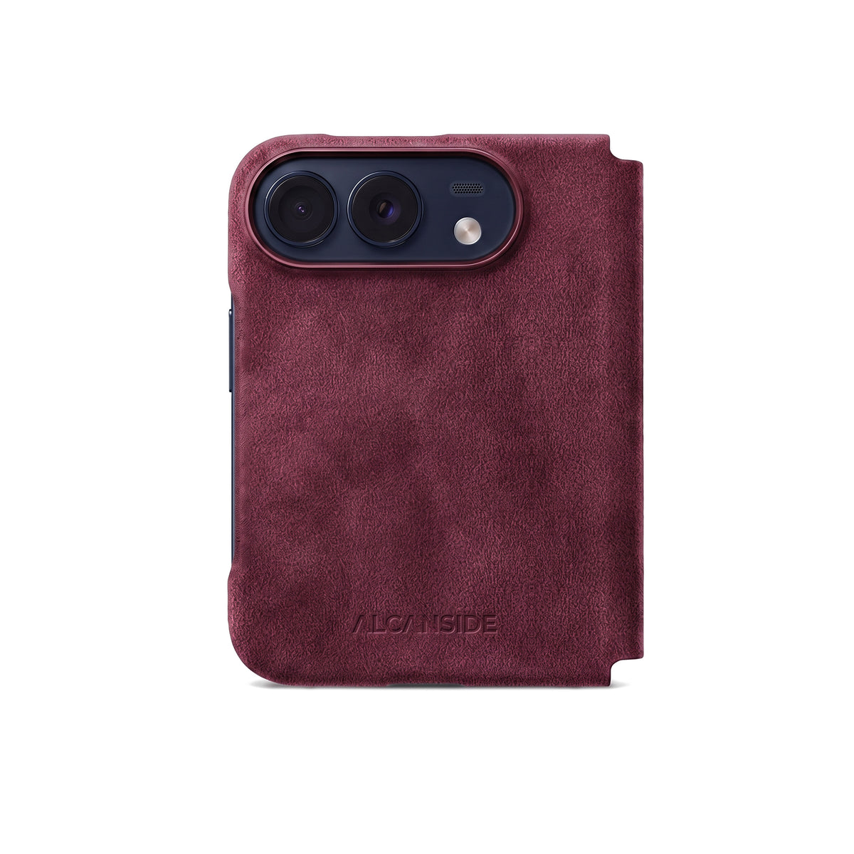 Wine Red Alcantara folio case for iPhone Duo, back view with the camera