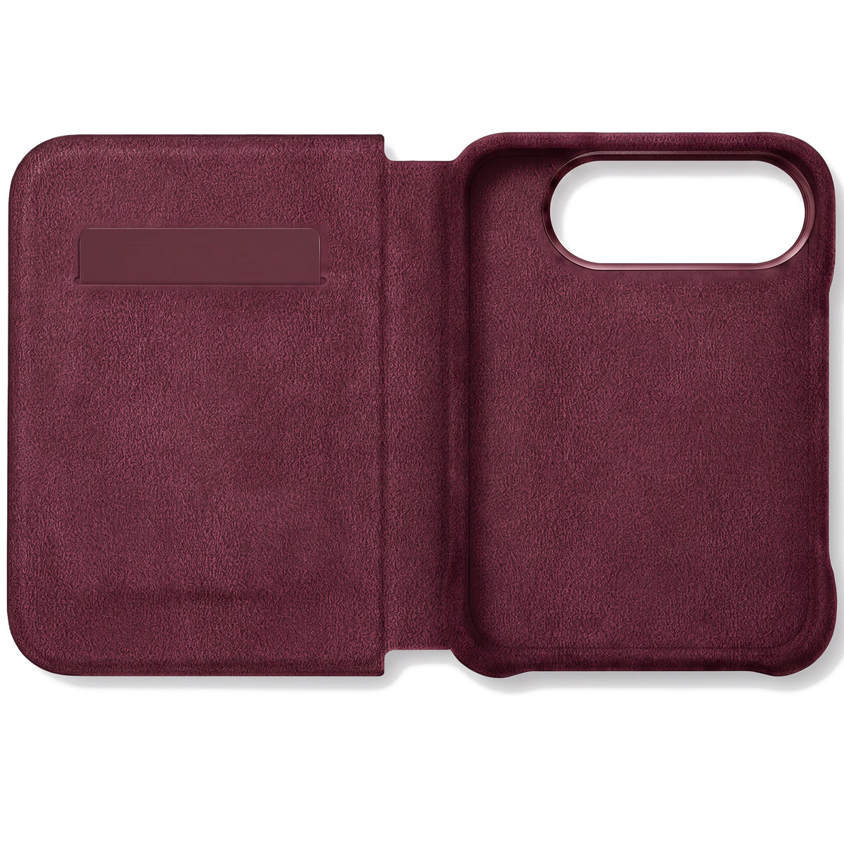 Wine Red Alcantara folio case for iPhone Duo, opened with the card slot